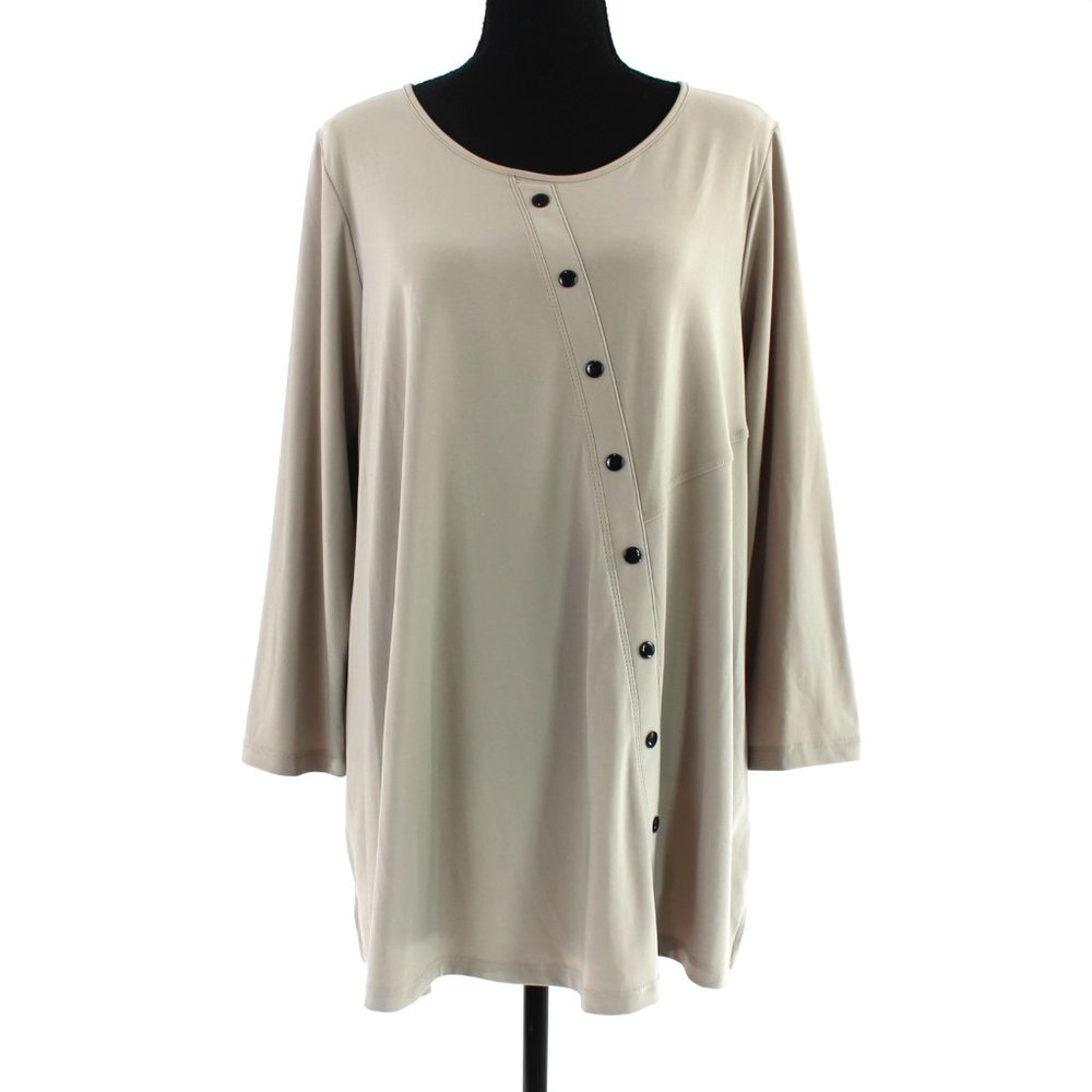 Sun Kim Tan Jersey Knit Black Asymmetrical Button Tunic Top Large Polyester L